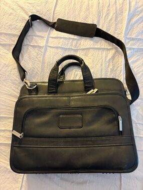 Professional Black Leather Briefcase with Padded Shoulder Strap